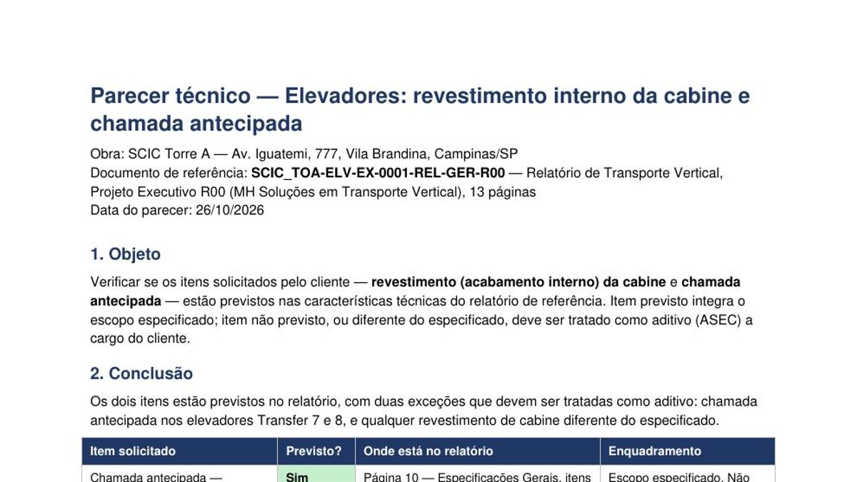 Pré-visualização do parecer técnico sobre elevadores